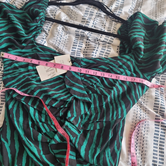 NWT ZARA zebra green black ruched party mini dress elastic puffy sleeves XXL - Picture 7 of 11